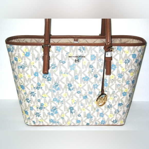 MICHAEL KORS JET SET CHARM MEDIUM CARRYALL TOTE MK Logo Vanilla/Lugg Floral - Picture 3 of 7